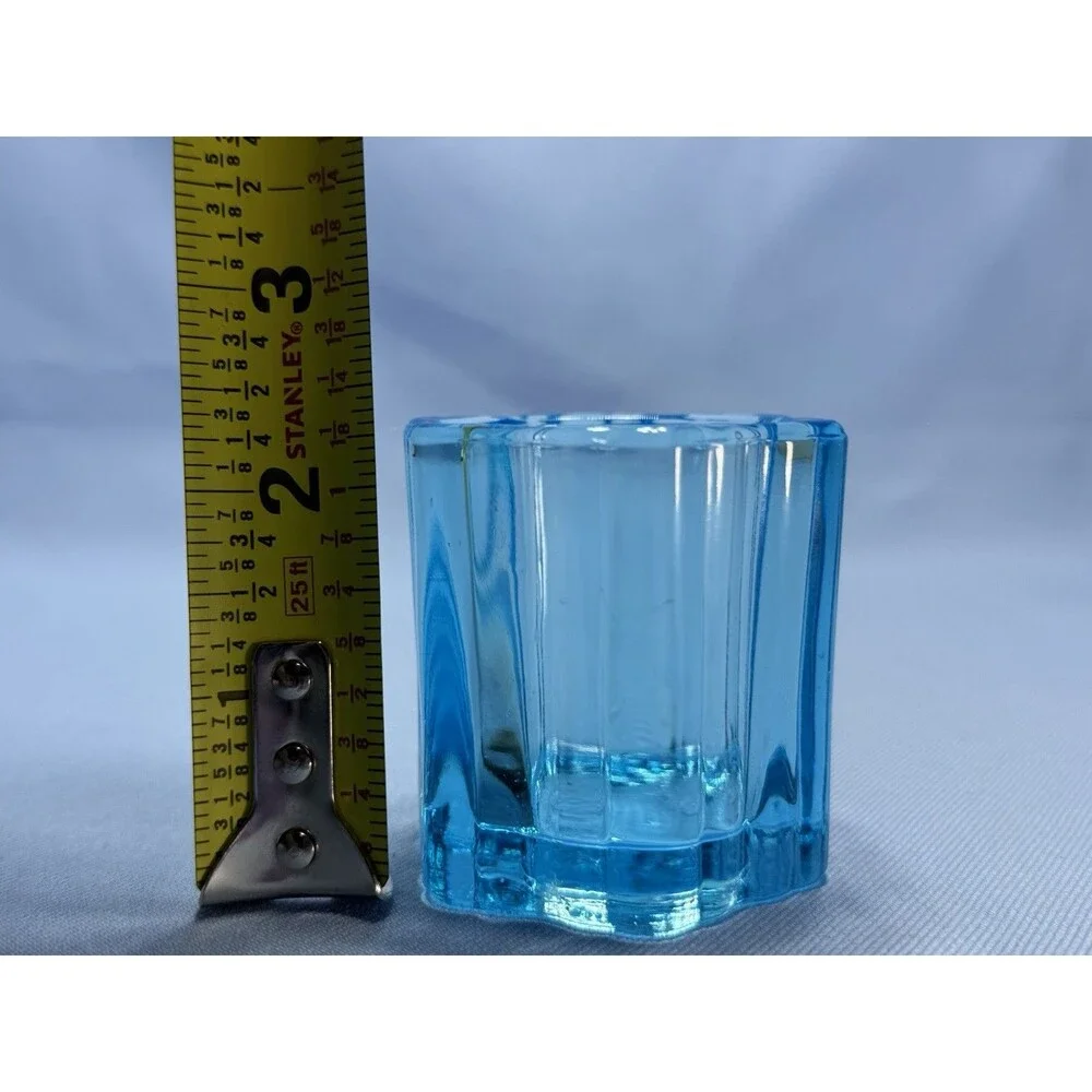 Set Of 2 Blue Glass Votives, Hexagon Shape, Made In USA 2.5x2.5